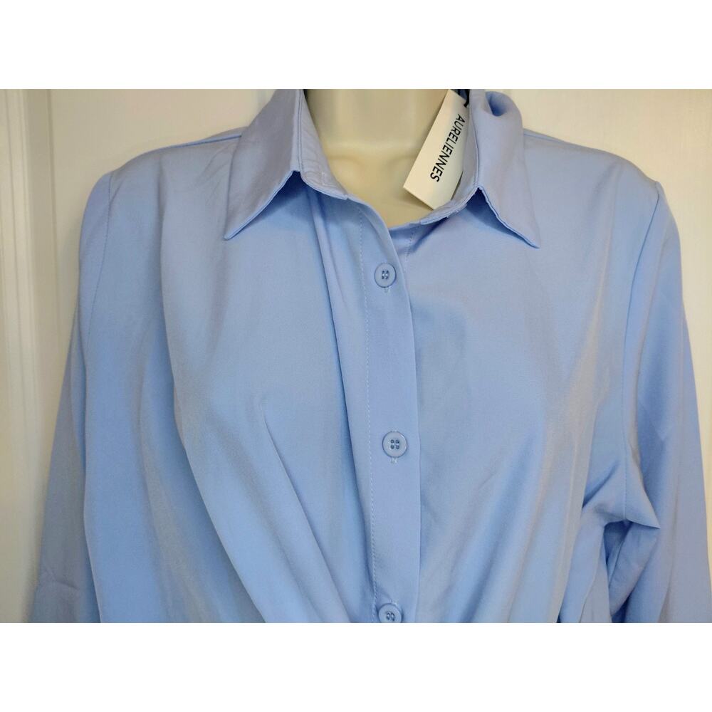 NWT Aureliennes Light Blue Tie-Waist Shirt Oversized Size XS/S Tailored Minimal - Picture 2 of 15